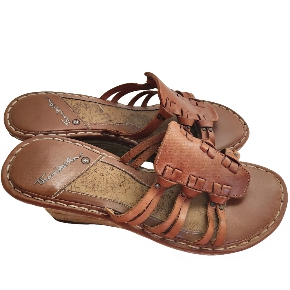 Thom McAn Leather Strappy Espardrille Wedge Slide Sandals Size 8